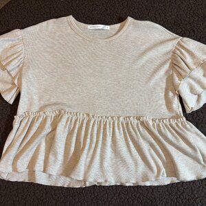 Altar'd State Beige Boho-Style Tunic with Waffle Knit Fabric and Ruffle Hem